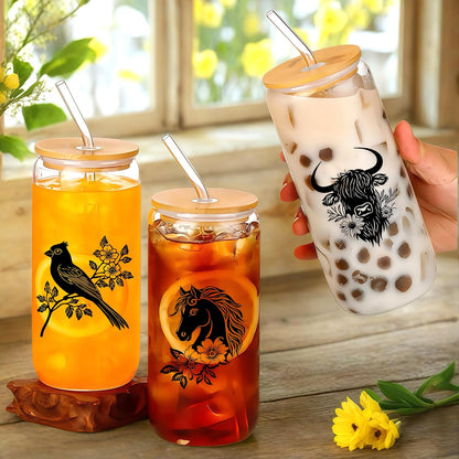 Cute Owl Glass Cup With Lids And Straws, Owl Gift For Women, IIced, Coffee, Smoothie, Cocktail, Beer, Whiskey, Soda, Matcha,16 Oz, Home Office Table Desk Decoration!