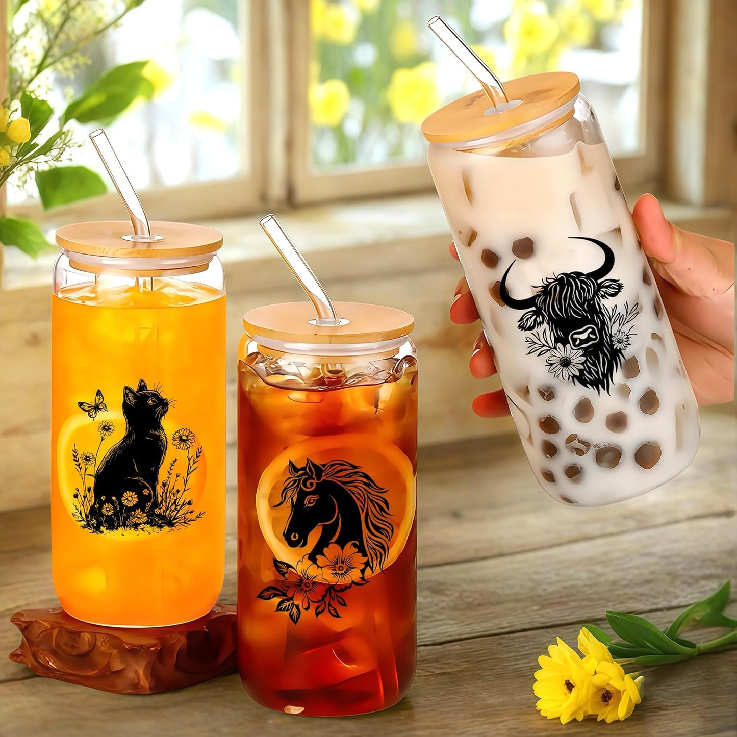 Cute Owl Glass Cup With Lids And Straws, Owl Gift For Women, IIced, Coffee, Smoothie, Cocktail, Beer, Whiskey, Soda, Matcha,16 Oz, Home Office Table Desk Decoration!