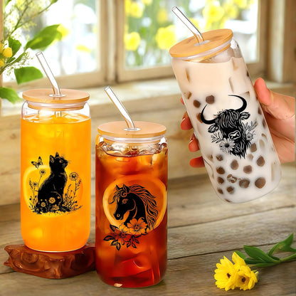 Cute Owl Glass Cup With Lids And Straws, Owl Gift For Women, IIced, Coffee, Smoothie, Cocktail, Beer, Whiskey, Soda, Matcha,16 Oz, Home Office Table Desk Decoration!