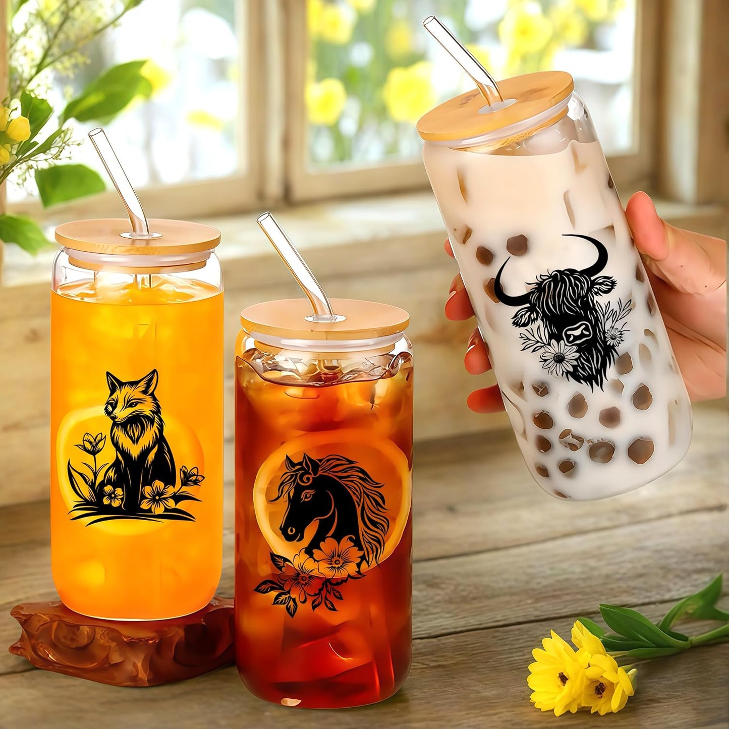 Cute Owl Glass Cup With Lids And Straws, Owl Gift For Women, IIced, Coffee, Smoothie, Cocktail, Beer, Whiskey, Soda, Matcha,16 Oz, Home Office Table Desk Decoration!