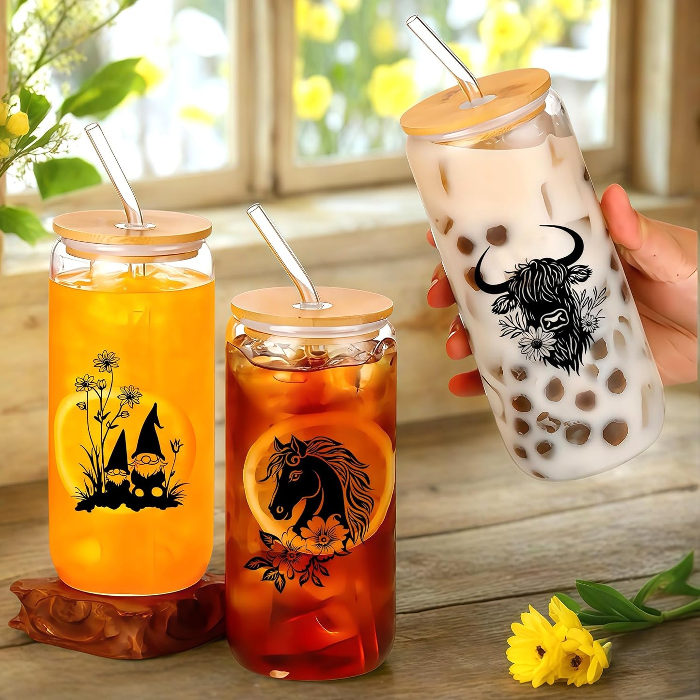 Cute Owl Glass Cup With Lids And Straws, Owl Gift For Women, IIced, Coffee, Smoothie, Cocktail, Beer, Whiskey, Soda, Matcha,16 Oz, Home Office Table Desk Decoration!