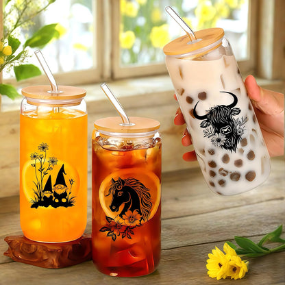 Cute Owl Glass Cup With Lids And Straws, Owl Gift For Women, IIced, Coffee, Smoothie, Cocktail, Beer, Whiskey, Soda, Matcha,16 Oz, Home Office Table Desk Decoration!