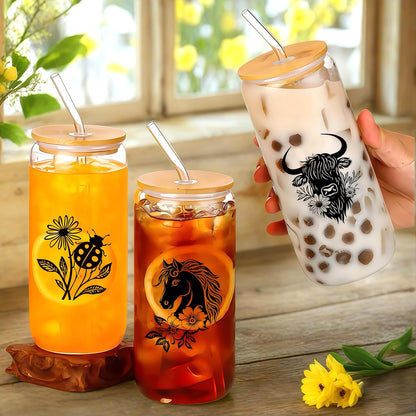 Cute Owl Glass Cup With Lids And Straws, Owl Gift For Women, IIced, Coffee, Smoothie, Cocktail, Beer, Whiskey, Soda, Matcha,16 Oz, Home Office Table Desk Decoration!