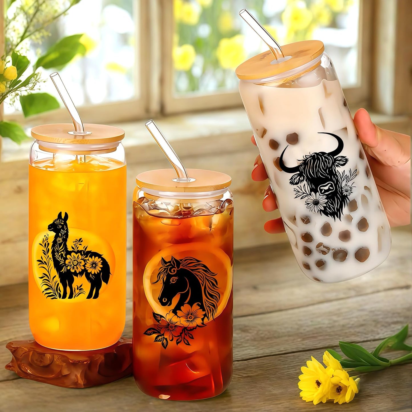 Cute Owl Glass Cup With Lids And Straws, Owl Gift For Women, IIced, Coffee, Smoothie, Cocktail, Beer, Whiskey, Soda, Matcha,16 Oz, Home Office Table Desk Decoration!