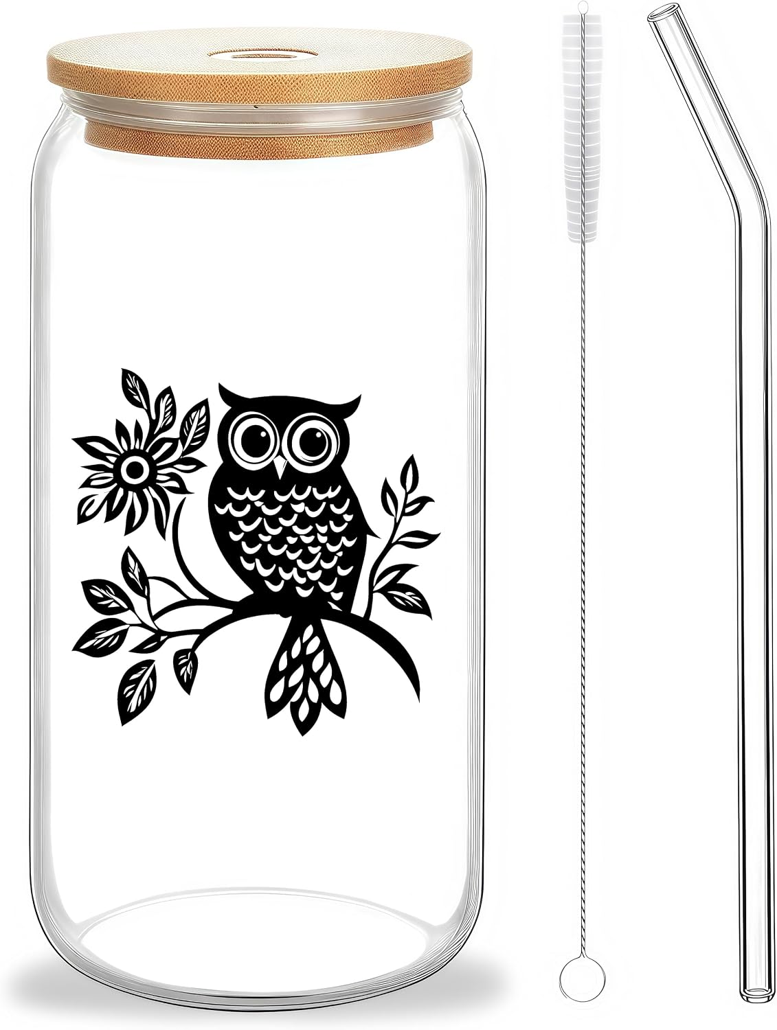 Cute Owl Glass Cup With Lids And Straws, Owl Gift For Women, IIced, Coffee, Smoothie, Cocktail, Beer, Whiskey, Soda, Matcha,16 Oz, Home Office Table Desk Decoration!