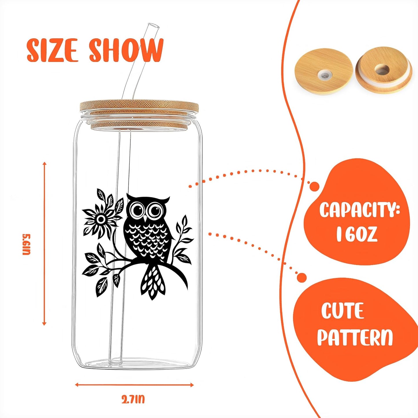 Cute Owl Glass Cup With Lids And Straws, Owl Gift For Women, IIced, Coffee, Smoothie, Cocktail, Beer, Whiskey, Soda, Matcha,16 Oz, Home Office Table Desk Decoration!
