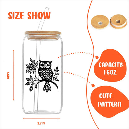 Cute Owl Glass Cup With Lids And Straws, Owl Gift For Women, IIced, Coffee, Smoothie, Cocktail, Beer, Whiskey, Soda, Matcha,16 Oz, Home Office Table Desk Decoration!