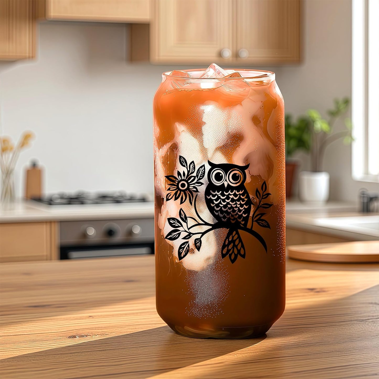 Cute Owl Glass Cup With Lids And Straws, Owl Gift For Women, IIced, Coffee, Smoothie, Cocktail, Beer, Whiskey, Soda, Matcha,16 Oz, Home Office Table Desk Decoration!