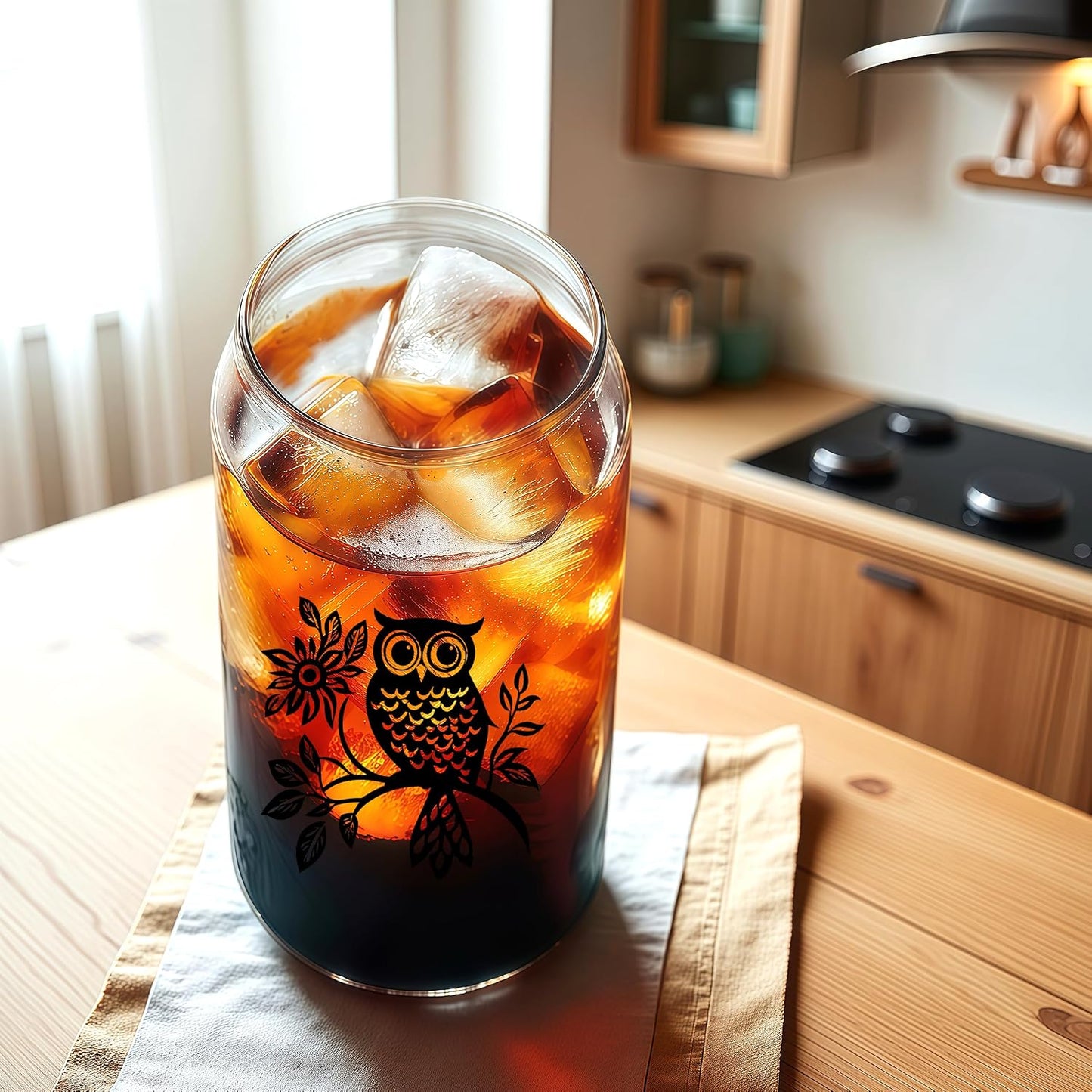 Cute Owl Glass Cup With Lids And Straws, Owl Gift For Women, IIced, Coffee, Smoothie, Cocktail, Beer, Whiskey, Soda, Matcha,16 Oz, Home Office Table Desk Decoration!