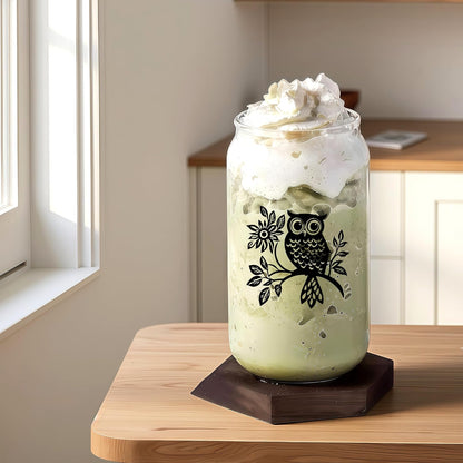 Cute Owl Glass Cup With Lids And Straws, Owl Gift For Women, IIced, Coffee, Smoothie, Cocktail, Beer, Whiskey, Soda, Matcha,16 Oz, Home Office Table Desk Decoration!