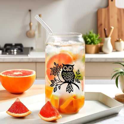 Cute Owl Glass Cup With Lids And Straws, Owl Gift For Women, IIced, Coffee, Smoothie, Cocktail, Beer, Whiskey, Soda, Matcha,16 Oz, Home Office Table Desk Decoration!