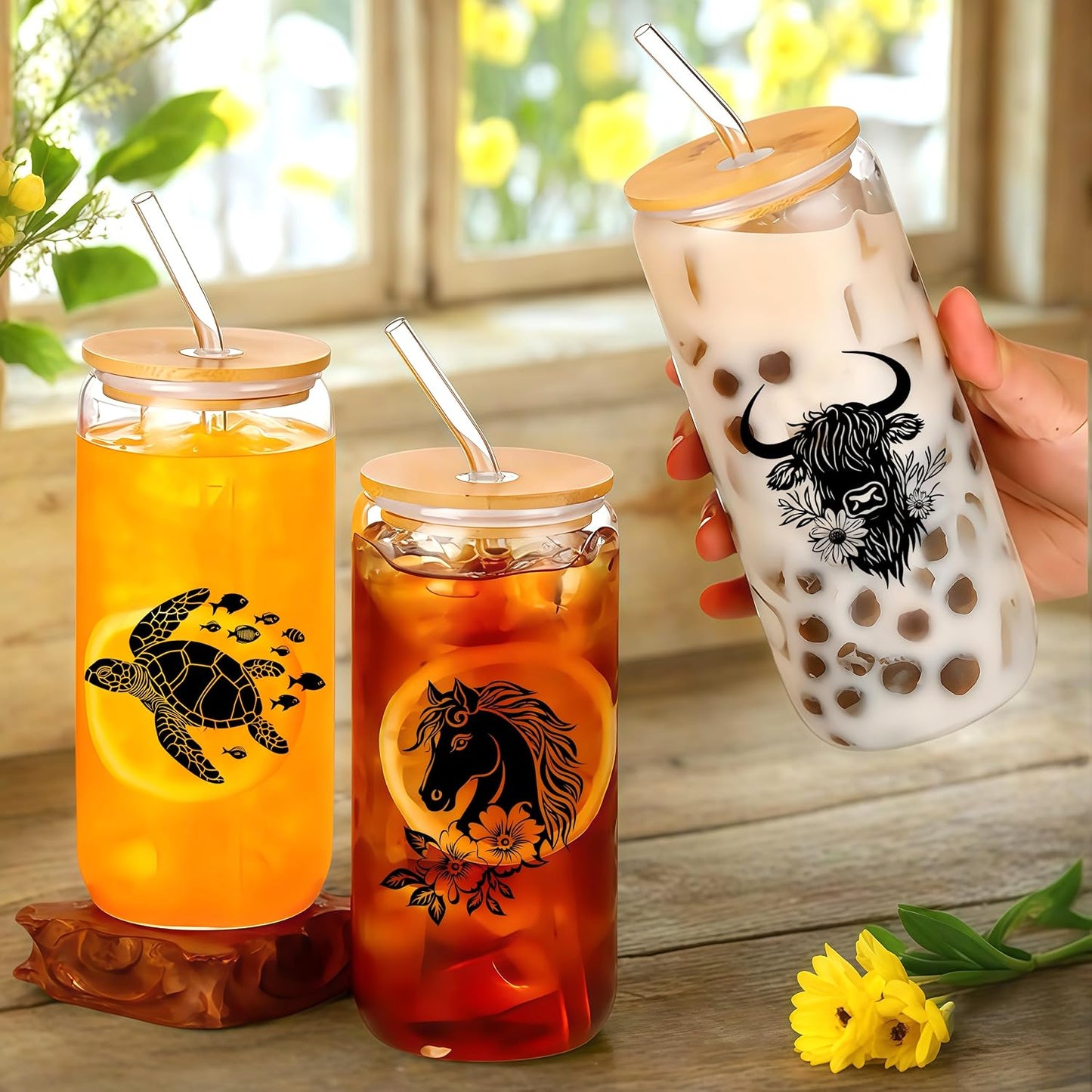 Cute Owl Glass Cup With Lids And Straws, Owl Gift For Women, IIced, Coffee, Smoothie, Cocktail, Beer, Whiskey, Soda, Matcha,16 Oz, Home Office Table Desk Decoration!