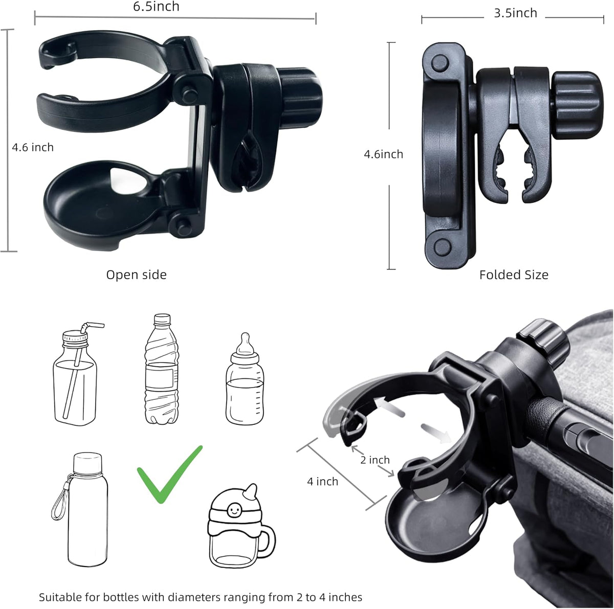 Foldable Baby Stroller Parent Cup Holder, Universal Plastic Drink Holder with Anti - Slip Clamp, Suitable for Bottles, for Strollers, Outdoor Fishing, Picnics, Camping.