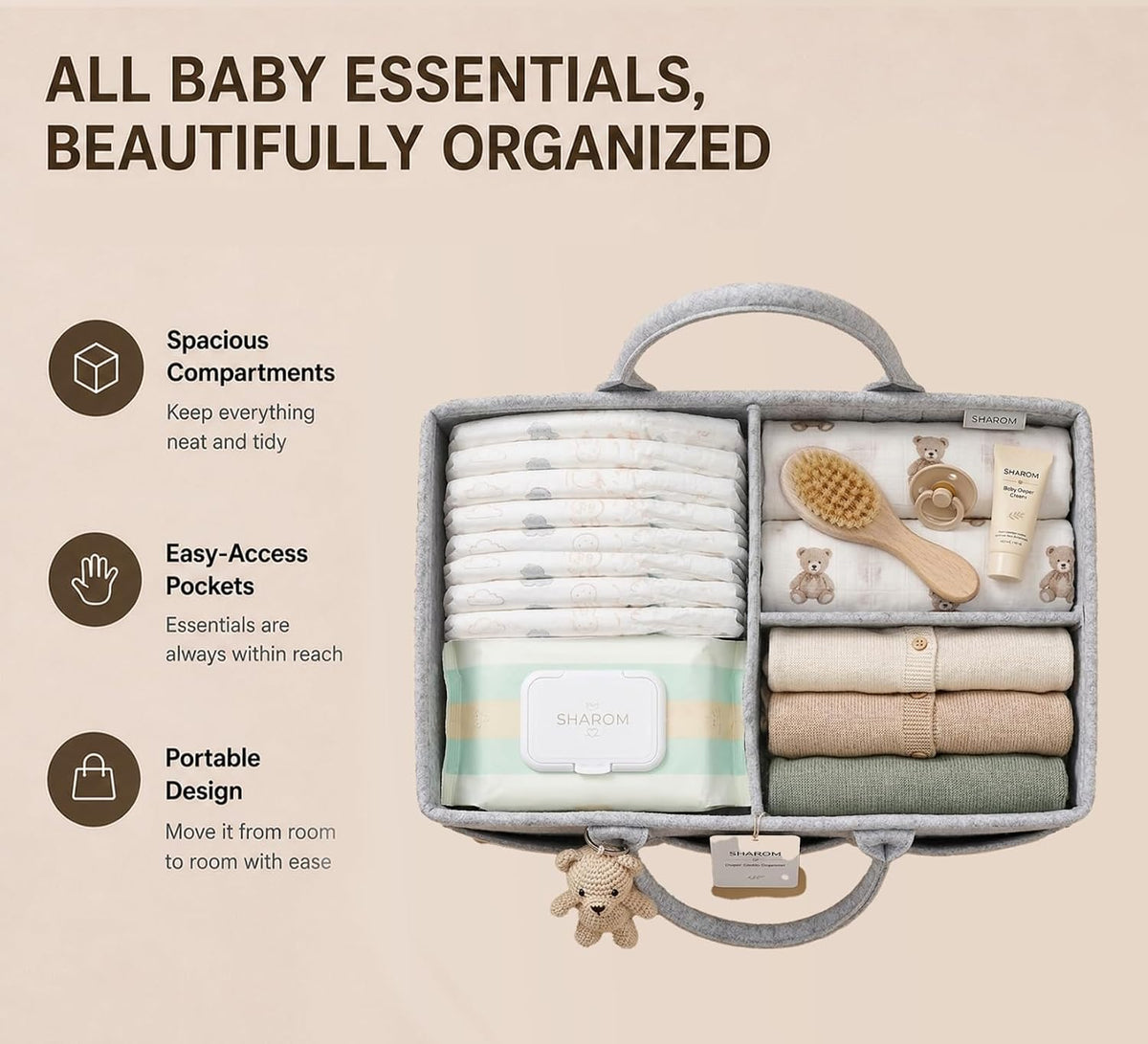 Diaper Caddy Organizer for Baby, Portable Diaper Caddy Basket, Felt Baby Diaper Caddy & Baby Caddy Organizer, Caddy for Baby Stuff, Diaper Organizer for Changing Table, Car & Nursery, Gray