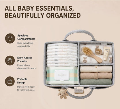 Diaper Caddy Organizer for Baby, Portable Diaper Caddy Basket, Felt Baby Diaper Caddy & Baby Caddy Organizer, Caddy for Baby Stuff, Diaper Organizer for Changing Table, Car & Nursery, Gray