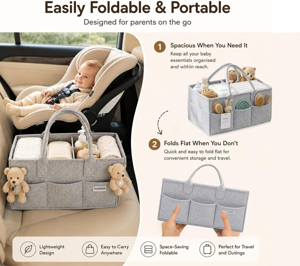 Diaper Caddy Organizer for Baby, Portable Diaper Caddy Basket, Felt Baby Diaper Caddy & Baby Caddy Organizer, Caddy for Baby Stuff, Diaper Organizer for Changing Table, Car & Nursery, Gray