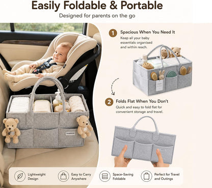 Diaper Caddy Organizer for Baby, Portable Diaper Caddy Basket, Felt Baby Diaper Caddy & Baby Caddy Organizer, Caddy for Baby Stuff, Diaper Organizer for Changing Table, Car & Nursery, Gray