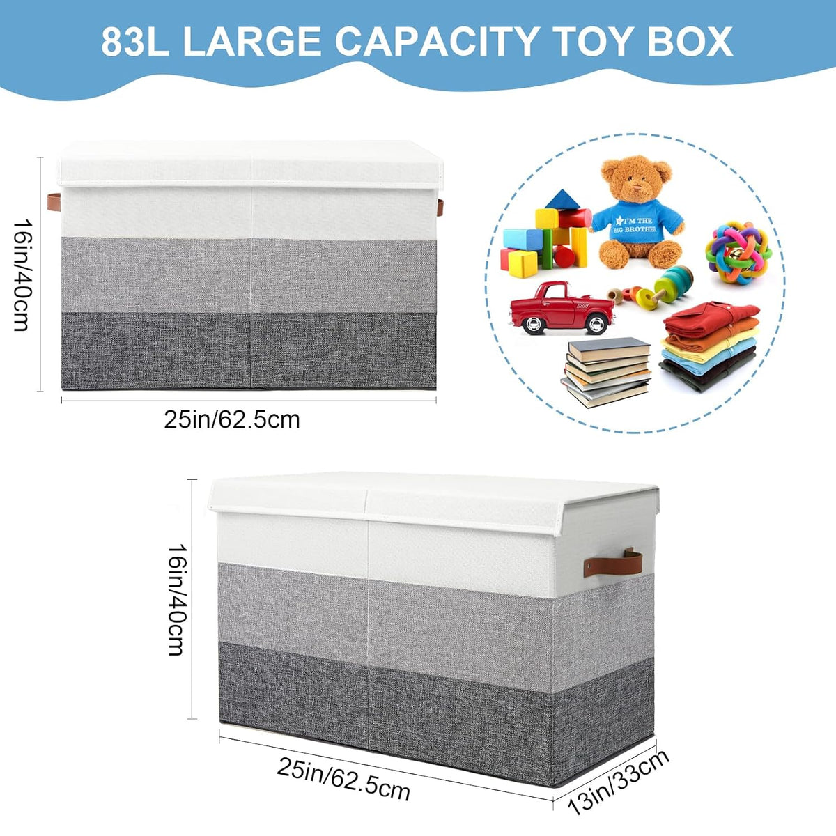 Toy Box Storage Chest with Divider, Large Sturdy Toy Bin Organizer Basket with Lid for Kids, Boys, Girls, Nursery, Living Room, Bedroom, Playroom, Closet, 25"x13" x16"(Gradient Grey)