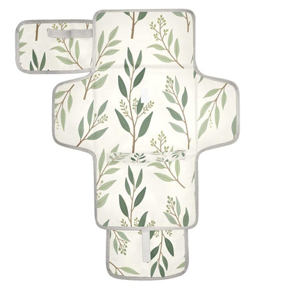 Leaf Sprigs Portable Diaper Changing Pad, Waterproof Baby Changing Mat with Storage Pocket & Built-in Pillow, Foldable Travel Pad, Newborn Gift Set for Boy Girl