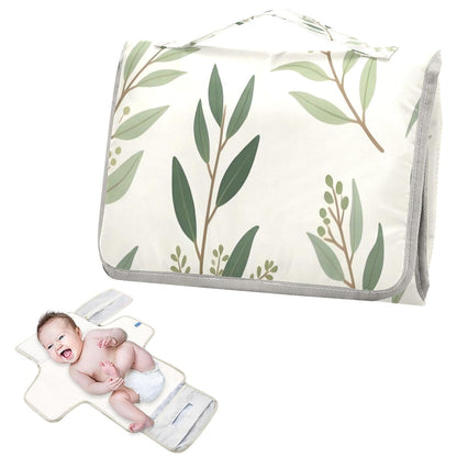 Leaf Sprigs Portable Diaper Changing Pad, Waterproof Baby Changing Mat with Storage Pocket & Built-in Pillow, Foldable Travel Pad, Newborn Gift Set for Boy Girl