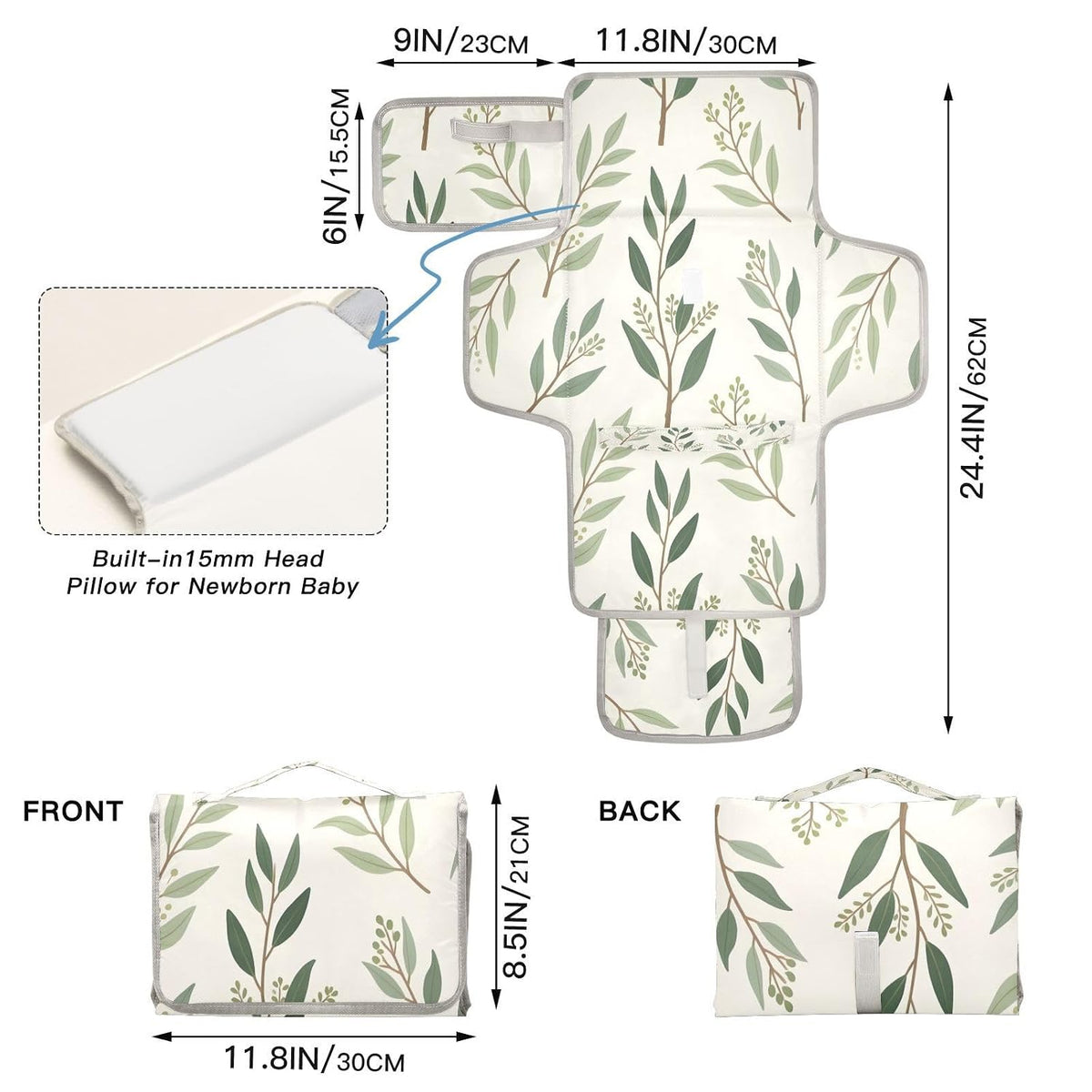 Leaf Sprigs Portable Diaper Changing Pad, Waterproof Baby Changing Mat with Storage Pocket & Built-in Pillow, Foldable Travel Pad, Newborn Gift Set for Boy Girl