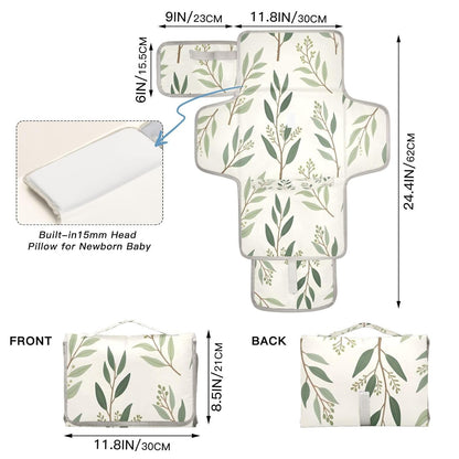 Leaf Sprigs Portable Diaper Changing Pad, Waterproof Baby Changing Mat with Storage Pocket & Built-in Pillow, Foldable Travel Pad, Newborn Gift Set for Boy Girl