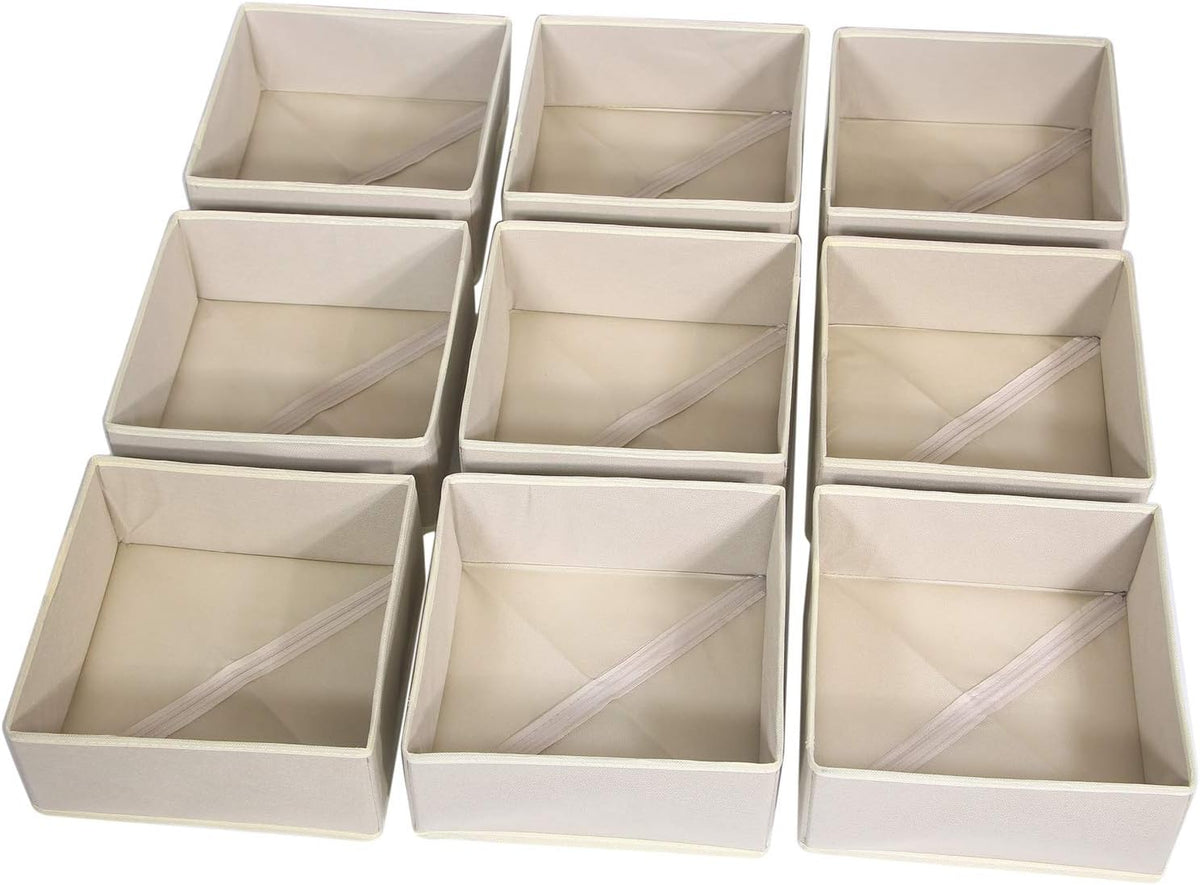 9 Pack Foldable Cloth Storage Box Closet Dresser Drawer Organizer Fabric Baskets Bins Containers Divider for Clothes Underwear Bras Socks Clothing, Beige 900