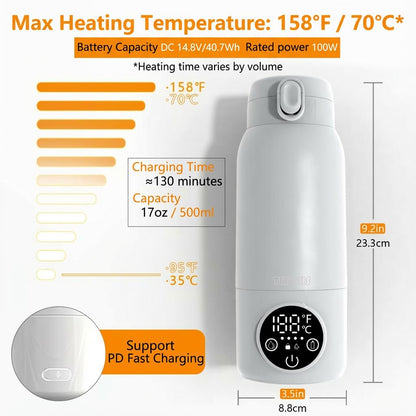Portable Bottle Warmer, 17oz Milk & Water Warmer for Travel