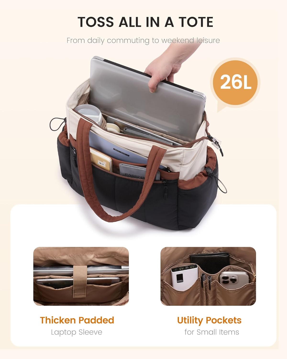 Puffer Laptop Bag for Women, Ultra-Lightweight Work Bag Tote w/Organized Compartments, 15.6/17.3“, for Travel&Work