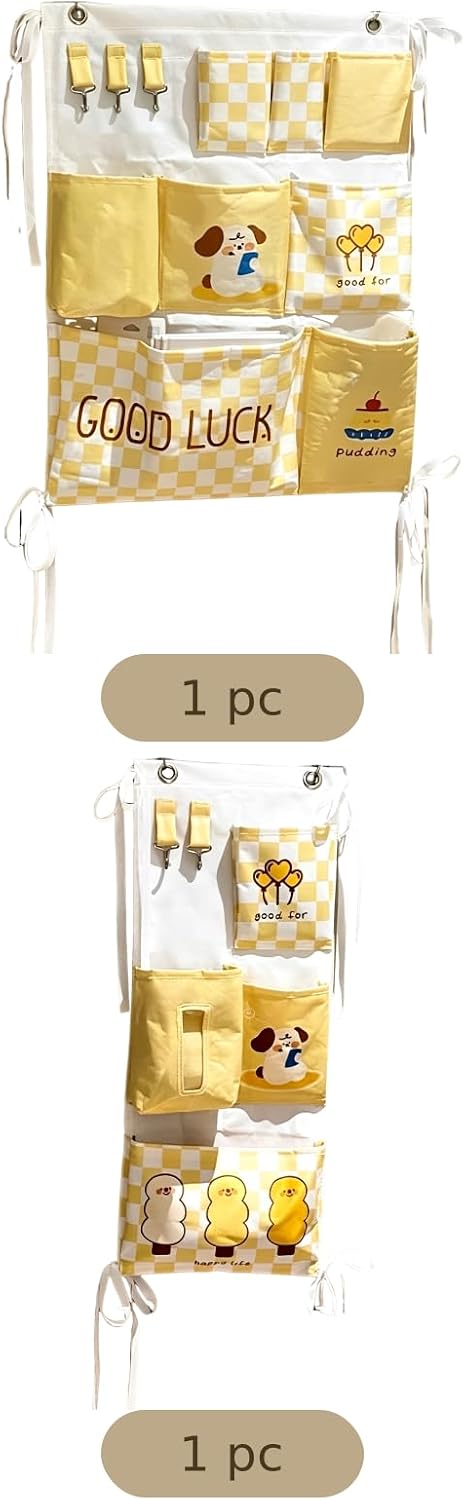 2 Pcs Over Door Organizer, Hanging Wall Organizers, Checkered Closet Storage Organizers with Tissue Pocket, Cartoon Pattern, for Dorm Bunk Bed Bedroom Essentials Storage