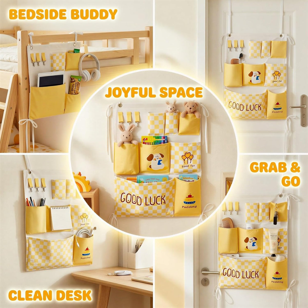 2 Pcs Over Door Organizer, Hanging Wall Organizers, Checkered Closet Storage Organizers with Tissue Pocket, Cartoon Pattern, for Dorm Bunk Bed Bedroom Essentials Storage