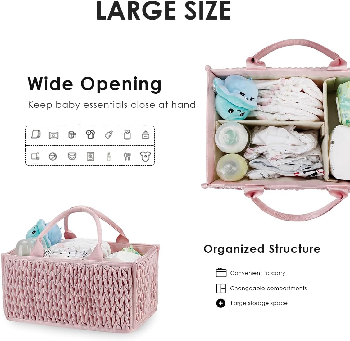 Baby Nappy Caddy,Large Portable Baby Diaper Caddy Organiser Baby Caddy Storage Basket Nursery Storage Bin for Diapers and Wipes with Detachable Compartments(Purple)