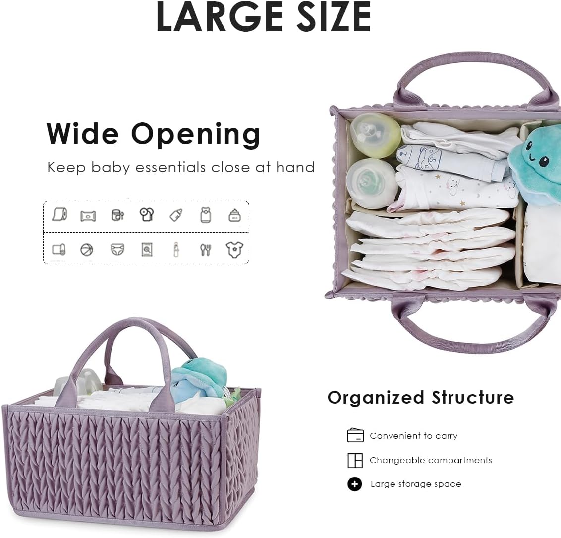 Baby Nappy Caddy,Large Portable Baby Diaper Caddy Organiser Baby Caddy Storage Basket Nursery Storage Bin for Diapers and Wipes with Detachable Compartments(Purple)
