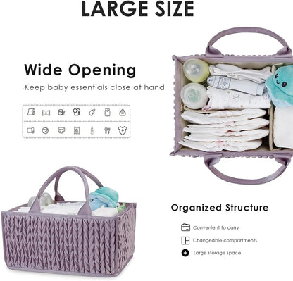 Baby Nappy Caddy,Large Portable Baby Diaper Caddy Organiser Baby Caddy Storage Basket Nursery Storage Bin for Diapers and Wipes with Detachable Compartments(Purple)