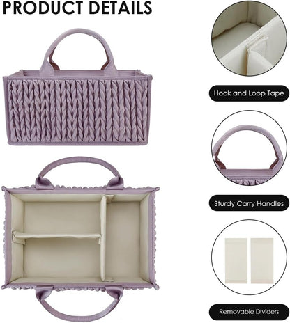 Baby Nappy Caddy,Large Portable Baby Diaper Caddy Organiser Baby Caddy Storage Basket Nursery Storage Bin for Diapers and Wipes with Detachable Compartments(Purple)