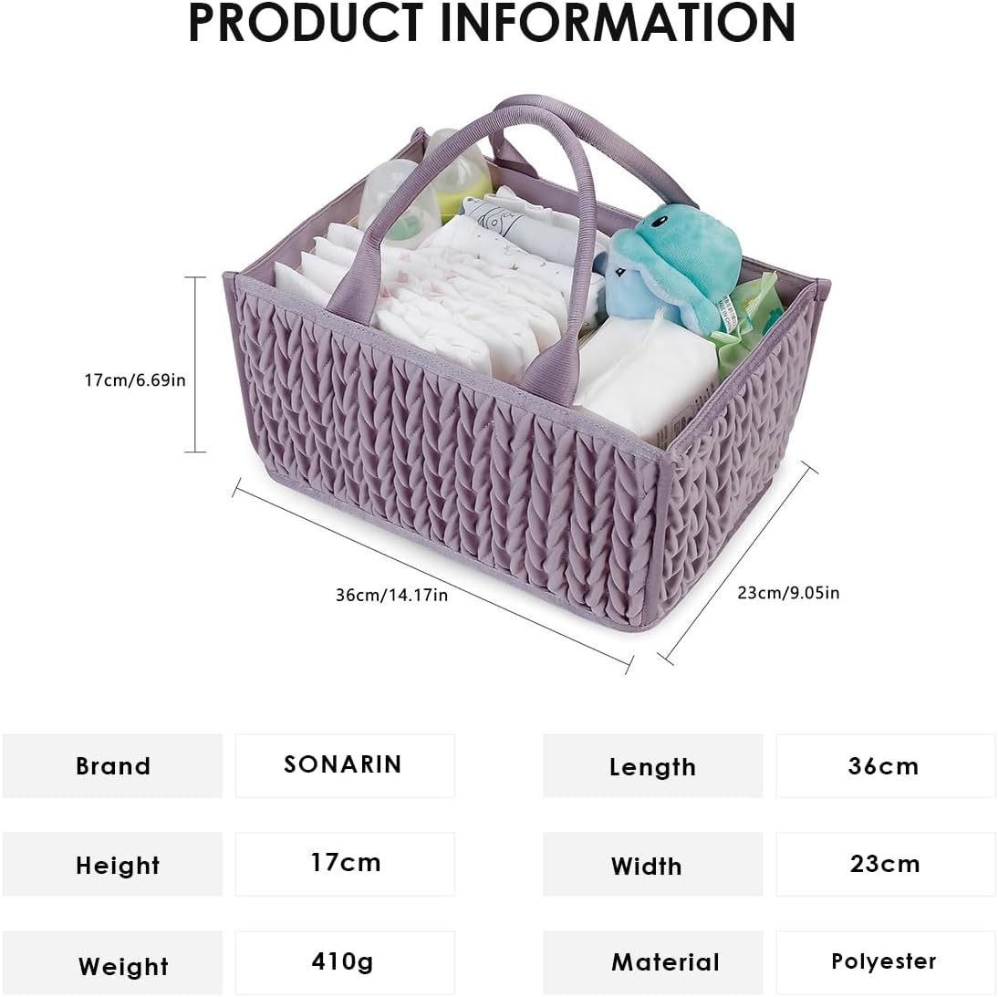 Baby Nappy Caddy,Large Portable Baby Diaper Caddy Organiser Baby Caddy Storage Basket Nursery Storage Bin for Diapers and Wipes with Detachable Compartments(Purple)