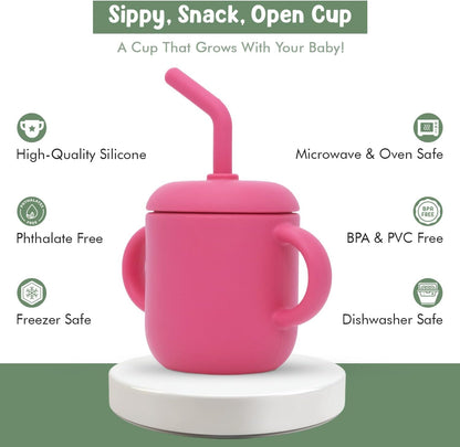 Teo 3-in-1 Baby Sippy & Snack Cup – Spill-Proof Silicone Toddler Cup with Straw & Snack Lid – BPA-Free, Leak-Proof, Dishwasher & Microwave Safe – Easy Grip Training Cup for Babies & Kids - Blue