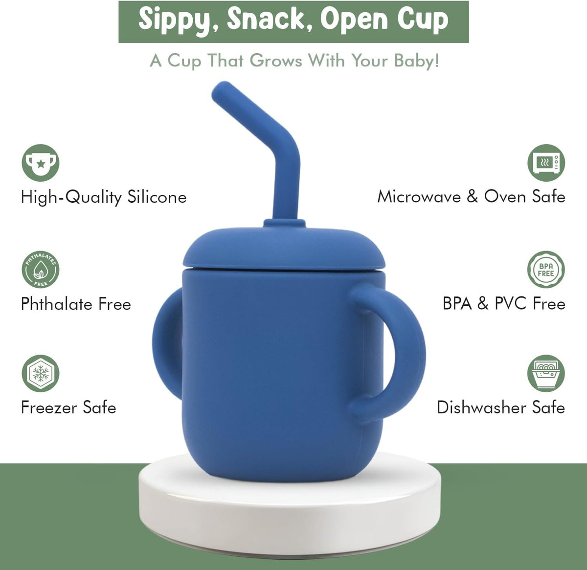 Teo 3-in-1 Baby Sippy & Snack Cup – Spill-Proof Silicone Toddler Cup with Straw & Snack Lid – BPA-Free, Leak-Proof, Dishwasher & Microwave Safe – Easy Grip Training Cup for Babies & Kids - Blue