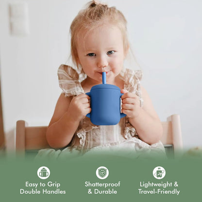 Teo 3-in-1 Baby Sippy & Snack Cup – Spill-Proof Silicone Toddler Cup with Straw & Snack Lid – BPA-Free, Leak-Proof, Dishwasher & Microwave Safe – Easy Grip Training Cup for Babies & Kids - Blue