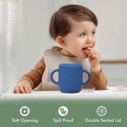 Teo 3-in-1 Baby Sippy & Snack Cup – Spill-Proof Silicone Toddler Cup with Straw & Snack Lid – BPA-Free, Leak-Proof, Dishwasher & Microwave Safe – Easy Grip Training Cup for Babies & Kids - Blue