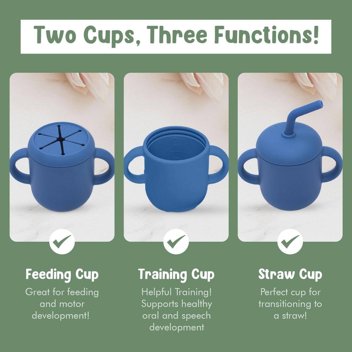 Teo 3-in-1 Baby Sippy & Snack Cup – Spill-Proof Silicone Toddler Cup with Straw & Snack Lid – BPA-Free, Leak-Proof, Dishwasher & Microwave Safe – Easy Grip Training Cup for Babies & Kids - Blue