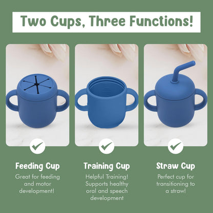 Teo 3-in-1 Baby Sippy & Snack Cup – Spill-Proof Silicone Toddler Cup with Straw & Snack Lid – BPA-Free, Leak-Proof, Dishwasher & Microwave Safe – Easy Grip Training Cup for Babies & Kids - Blue