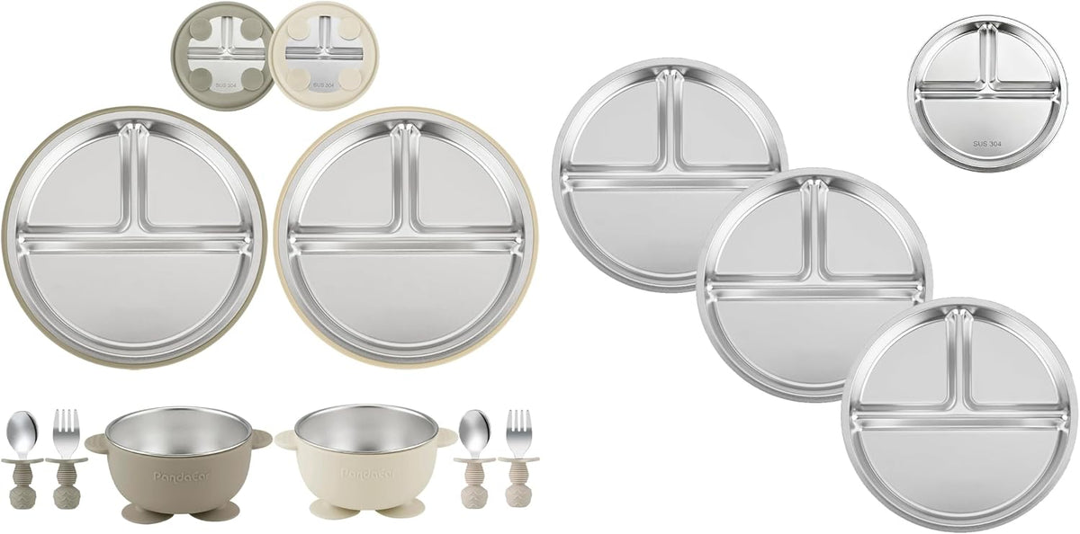 8PCS Baby Feeding Set & 3 Pack Stainless Steel Divided Plates