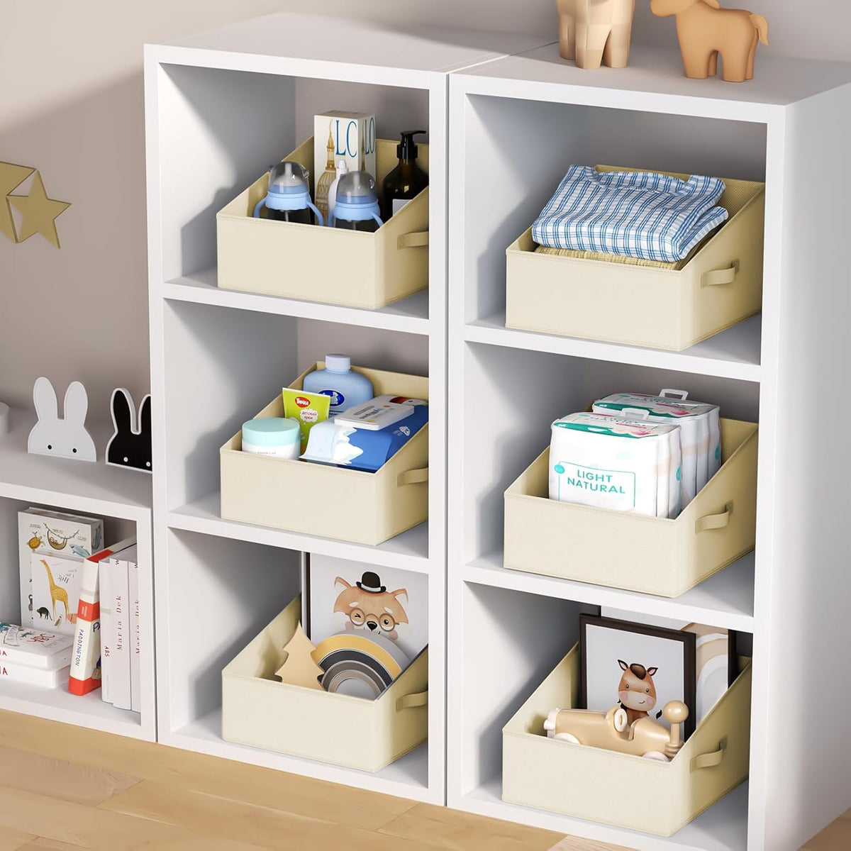 Large Closet Shelf Organizer Bins 6 Packs with Handles and Divider, Fabric Trapezoid Storage Baskets, Foldable Clothes Containers Box for Shelf, Towel, Book, Toy, Purse, Hats, Grey