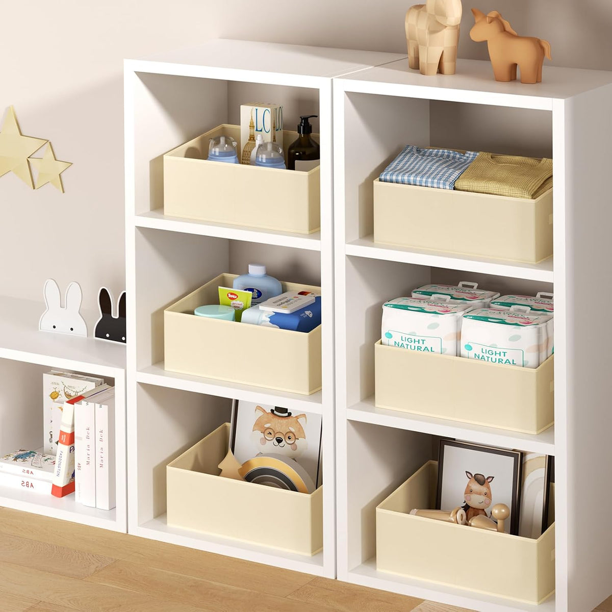 Large Closet Shelf Organizer Bins 6 Packs with Handles and Divider, Fabric Trapezoid Storage Baskets, Foldable Clothes Containers Box for Shelf, Towel, Book, Toy, Purse, Hats, Grey
