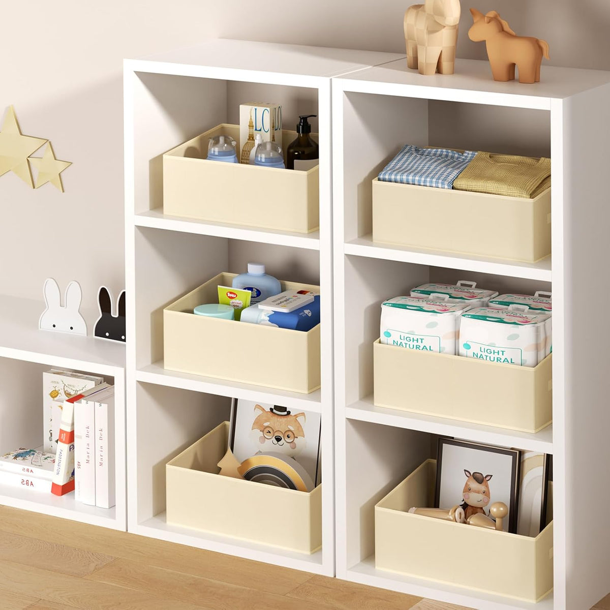 Large Closet Shelf Organizer Bins 6 Packs with Handles and Divider, Fabric Trapezoid Storage Baskets, Foldable Clothes Containers Box for Shelf, Towel, Book, Toy, Purse, Hats, Grey
