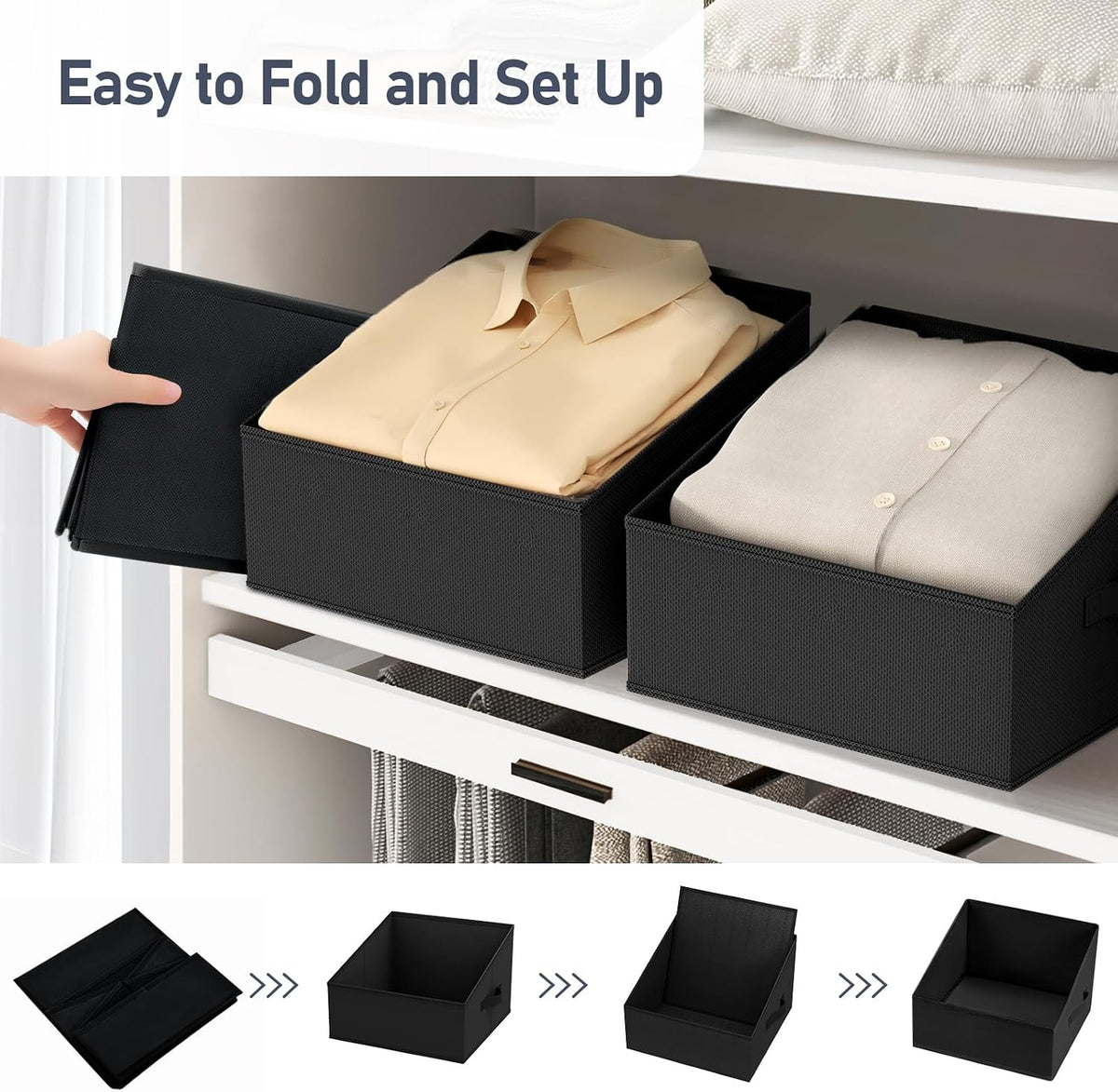 Large Closet Shelf Organizer Bins 6 Packs with Handles and Divider, Fabric Trapezoid Storage Baskets, Foldable Clothes Containers Box for Shelf, Towel, Book, Toy, Purse, Hats, Grey