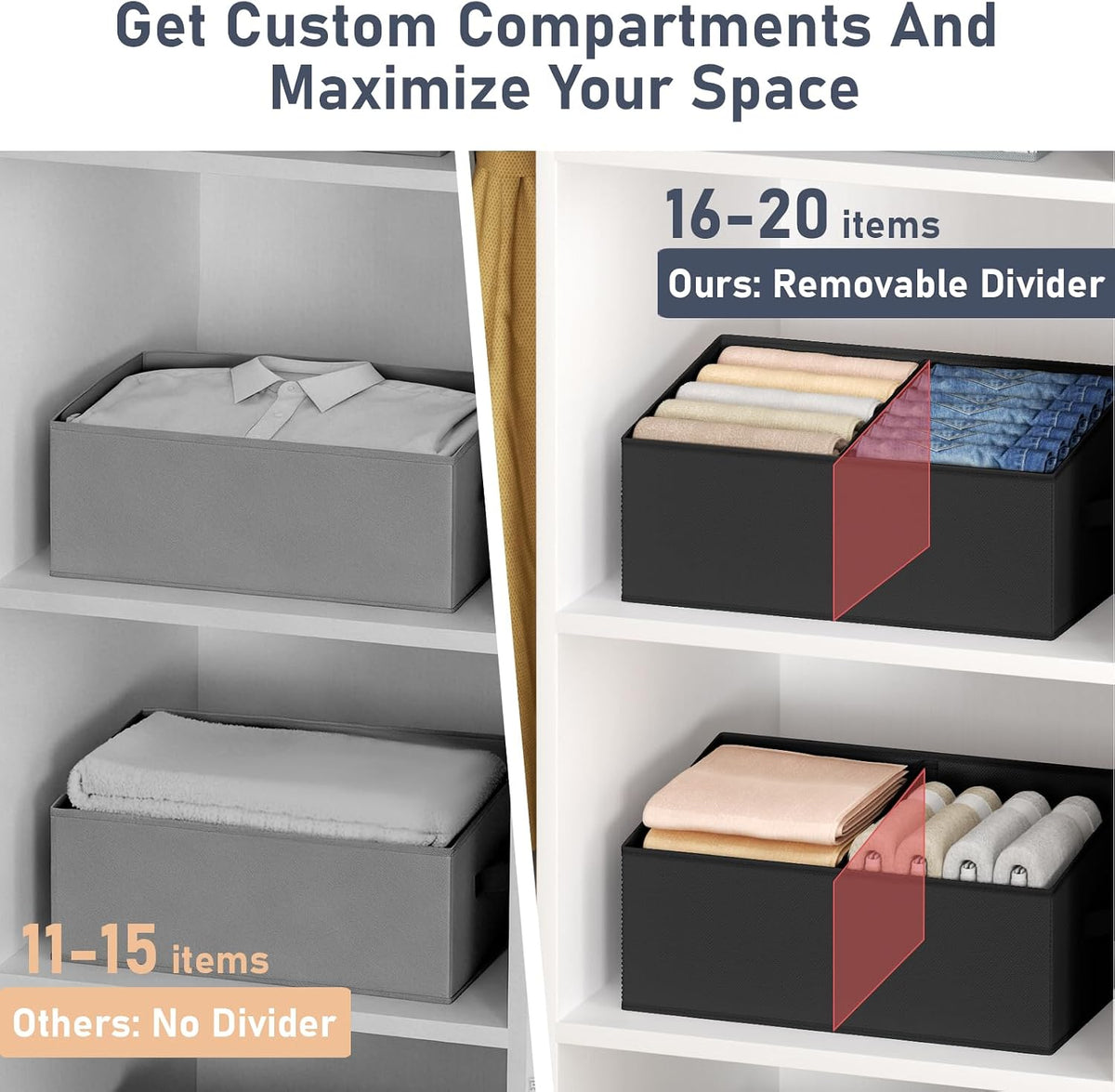 Large Closet Shelf Organizer Bins 6 Packs with Handles and Divider, Fabric Trapezoid Storage Baskets, Foldable Clothes Containers Box for Shelf, Towel, Book, Toy, Purse, Hats, Grey