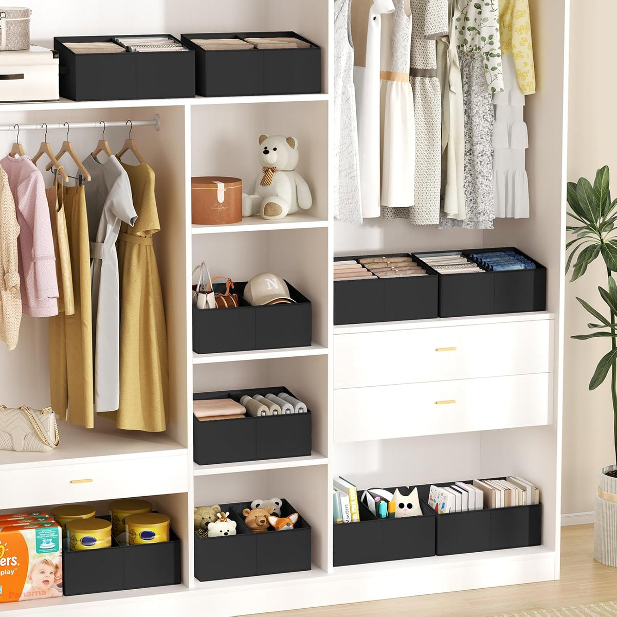 Large Closet Shelf Organizer Bins 6 Packs with Handles and Divider, Fabric Trapezoid Storage Baskets, Foldable Clothes Containers Box for Shelf, Towel, Book, Toy, Purse, Hats, Grey