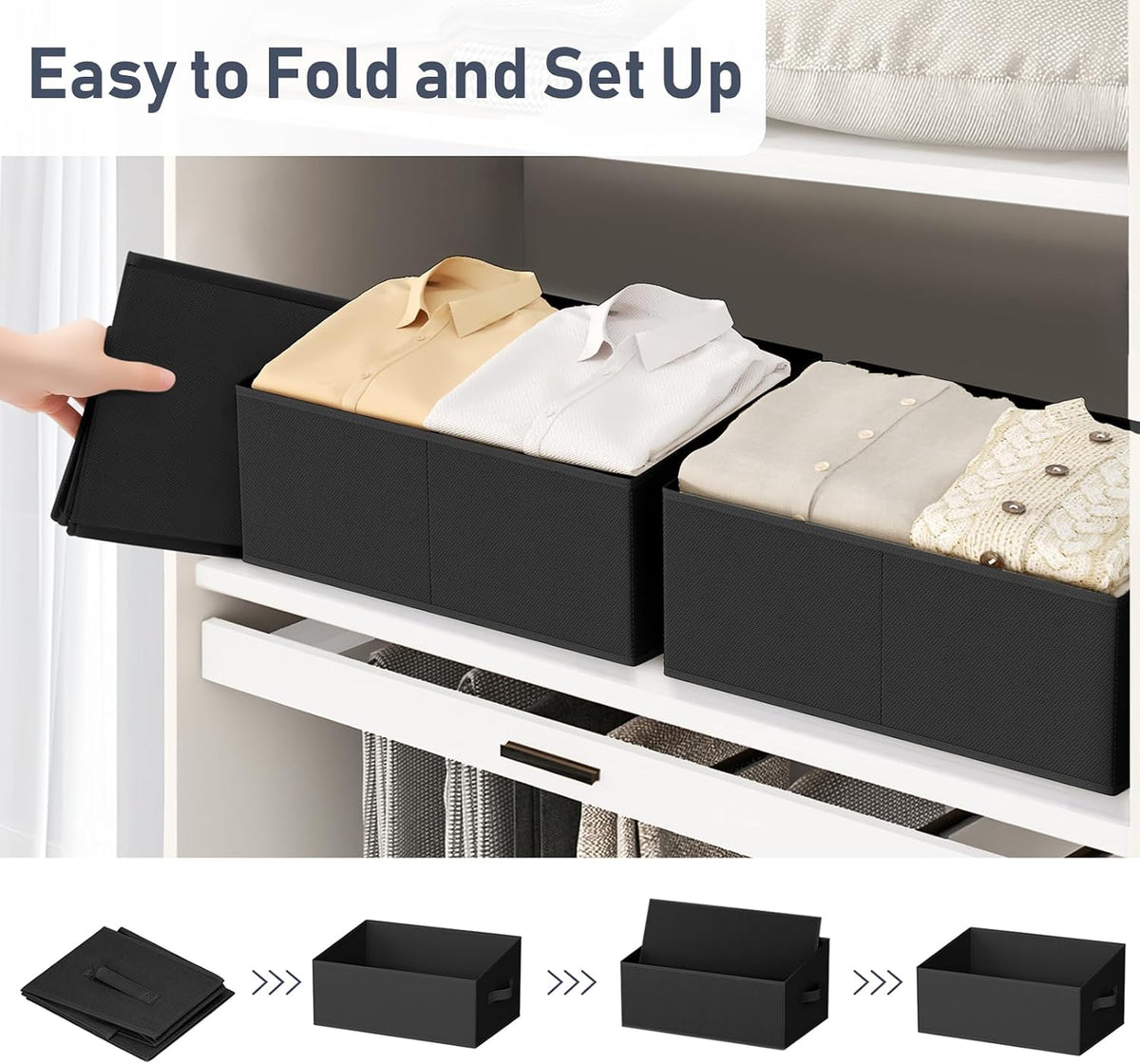 Large Closet Shelf Organizer Bins 6 Packs with Handles and Divider, Fabric Trapezoid Storage Baskets, Foldable Clothes Containers Box for Shelf, Towel, Book, Toy, Purse, Hats, Grey